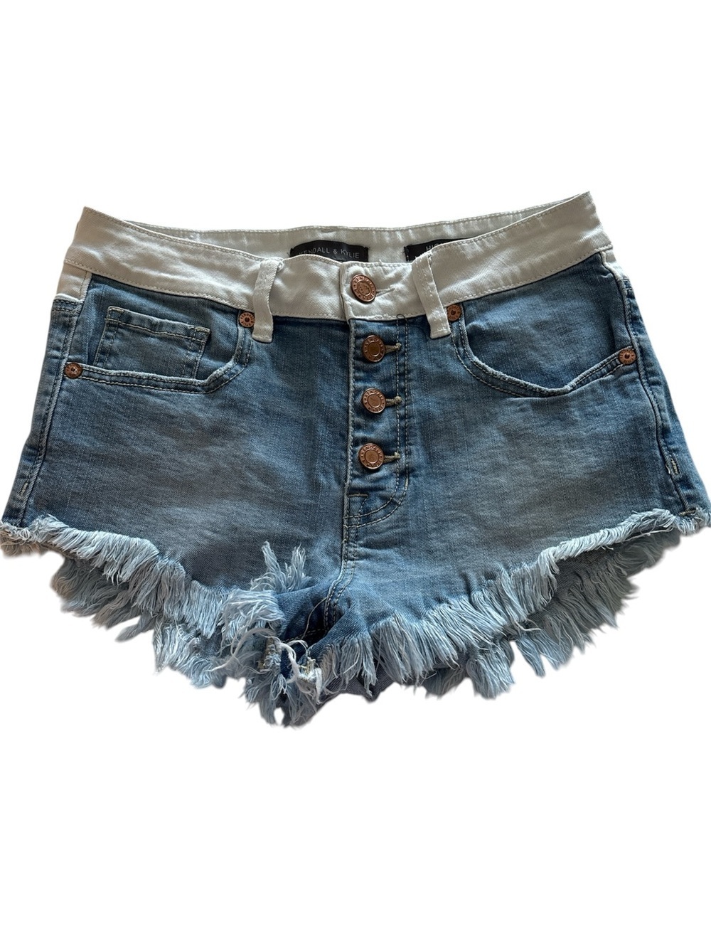 Kendall & Kylie Light Blue Denim Frayed Hem Shorts with White Waistband Sz/5